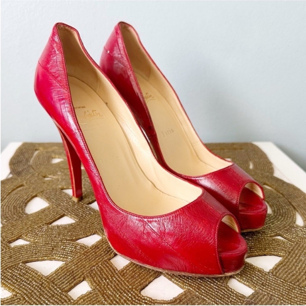 Authentic Christian Louboutin Very Prive 120 Pumps Red Eel Peep Toe High Heels